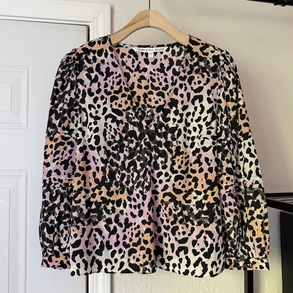 VERONICA BEARD purple black leopard silk puff long sleeve blouse shirt top